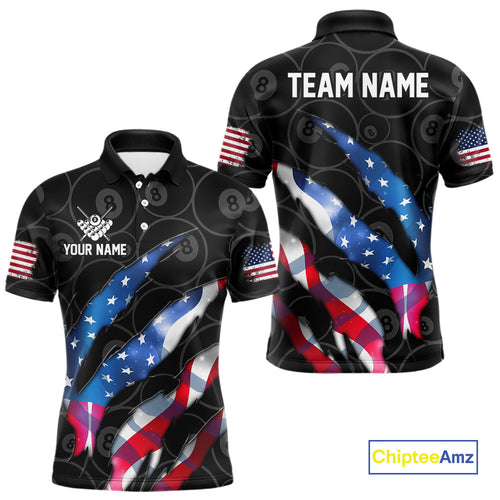 Custom Glowing American Flag 8 Ball Billiard Shirt For Men, Patriotic Billiard Team Jerseys |Black TDM4595