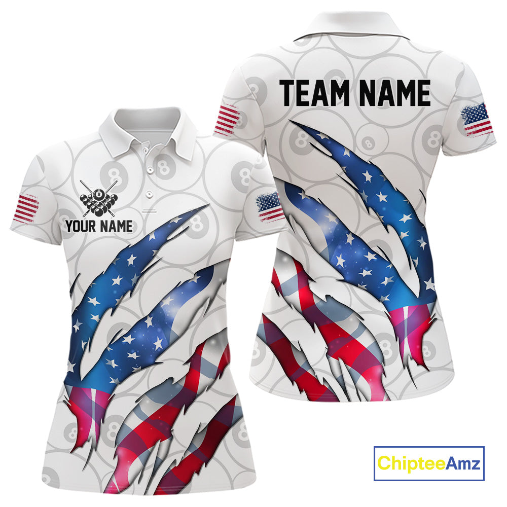 Custom Glowing American Flag 8 Ball Billiard Shirt For Women, Patriotic Billiard Team Jerseys |White TDM4596