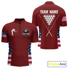 Load image into Gallery viewer, Personalized US Flag 8 Ball Pool Billiard Shirt For Men, Billiard Team Jersey Polo &amp; 1/4 Zip |Red TDM5477