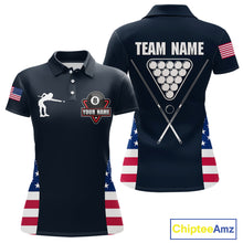 Load image into Gallery viewer, Custom US Flag 8 Ball Pool Billiard Shirt For Women, Billiard Team Jersey Polo &amp; 1/4 Zip |Navy Blue TDM5478