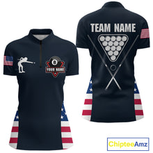 Load image into Gallery viewer, Custom US Flag 8 Ball Pool Billiard Shirt For Women, Billiard Team Jersey Polo &amp; 1/4 Zip |Navy Blue TDM5478