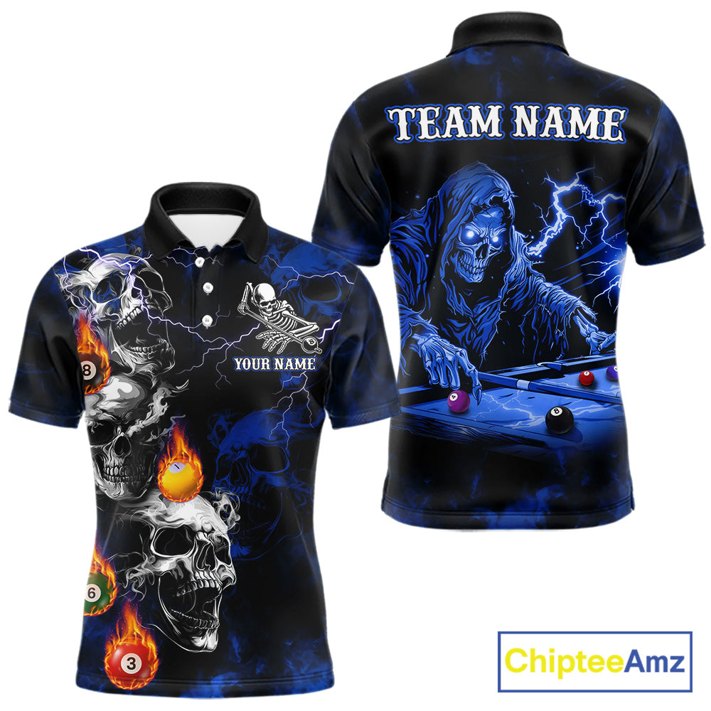 Personalized Smoke Skull Blue Billiard Shirts For Men, Grim Reaper Pool Jersey Team Polo & 1/4 Zip TDM5934