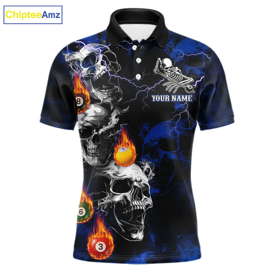 Personalized Smoke Skull Blue Billiard Shirts For Men, Grim Reaper Pool Jersey Team Polo & 1/4 Zip TDM5934