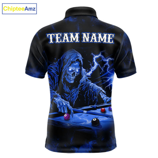 Personalized Smoke Skull Blue Billiard Shirts For Men, Grim Reaper Pool Jersey Team Polo & 1/4 Zip TDM5934