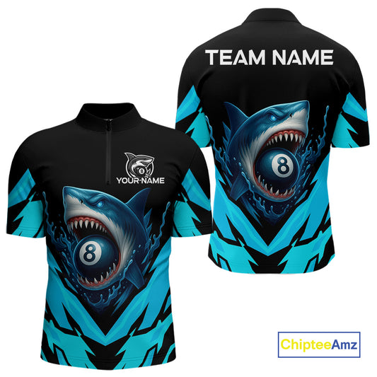 Personalized Blue 8 Ball Pool Billiard Shark Polo & 1/4 Zip For Men, Billiard Team Pool Jerseys TDM4013