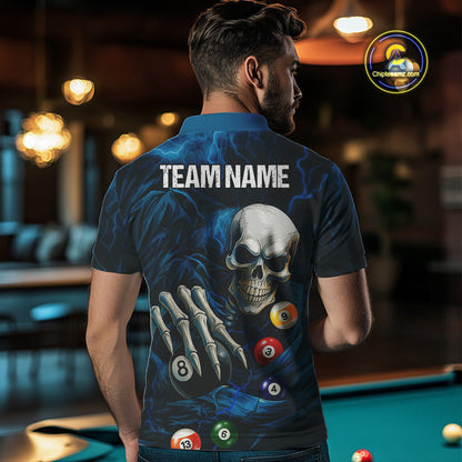 Personalized Blue Funny Skeleton Pool Balls Billiard Shirt For Men, Skull Billiard Team Jerseys TDM4368