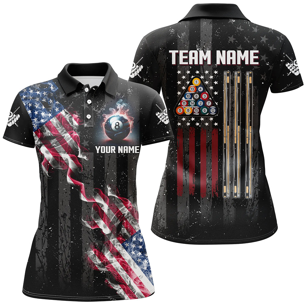 Personalized Black Grunge US Flag Smoke Billiard Shirts For Women, Patriotic Billiard Team Jerseys TDM2759