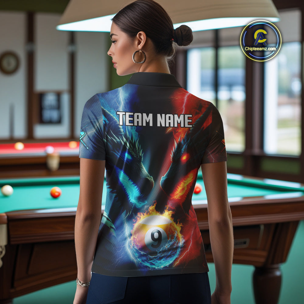 Blue And Orange Custom Dragon 9 Ball Pool Billiard Shirt For Women, Billiard Jersey Polo & 1/4 Zip TDM5232
