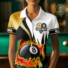Load image into Gallery viewer, Custom Flame 8 Ball &amp; 9 Ball Billiard Shirt For Women, Pool Team Jersey Polo &amp; Quarter Zip |Gold TDM6539