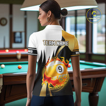 Load image into Gallery viewer, Custom Flame 8 Ball &amp; 9 Ball Billiard Shirt For Women, Pool Team Jersey Polo &amp; Quarter Zip |Gold TDM6539