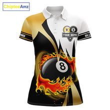 Load image into Gallery viewer, Custom Flame 8 Ball &amp; 9 Ball Billiard Shirt For Women, Pool Team Jersey Polo &amp; Quarter Zip |Gold TDM6539