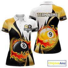 Load image into Gallery viewer, Custom Flame 8 Ball &amp; 9 Ball Billiard Shirt For Women, Pool Team Jersey Polo &amp; Quarter Zip |Gold TDM6539