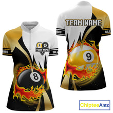 Load image into Gallery viewer, Custom Flame 8 Ball &amp; 9 Ball Billiard Shirt For Women, Pool Team Jersey Polo &amp; Quarter Zip |Gold TDM6539