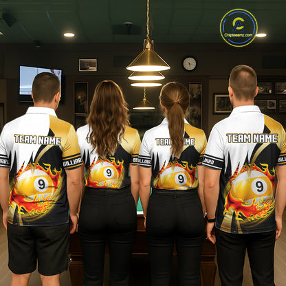 Custom Flame 8 Ball & 9 Ball Billiard Shirt For Women, Pool Team Jersey Polo & Quarter Zip |Gold TDM6539