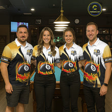 Load image into Gallery viewer, Custom Flame 8 Ball &amp; 9 Ball Billiard Shirt For Women, Pool Team Jersey Polo &amp; Quarter Zip |Gold TDM6539