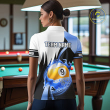 Load image into Gallery viewer, Custom Flame 8 Ball &amp; 9 Ball Billiard Shirt For Women, Pool Team Jersey Polo &amp; Quarter Zip |Blue TDM6540