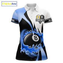 Load image into Gallery viewer, Custom Flame 8 Ball &amp; 9 Ball Billiard Shirt For Women, Pool Team Jersey Polo &amp; Quarter Zip |Blue TDM6540