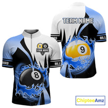 Load image into Gallery viewer, Custom Flame 8 Ball &amp; 9 Ball Billiard Shirt For Men, Pool Team Jersey Polo &amp; Quarter Zip |Blue TDM6540