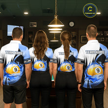 Load image into Gallery viewer, Custom Flame 8 Ball &amp; 9 Ball Billiard Shirt For Men, Pool Team Jersey Polo &amp; Quarter Zip |Blue TDM6540