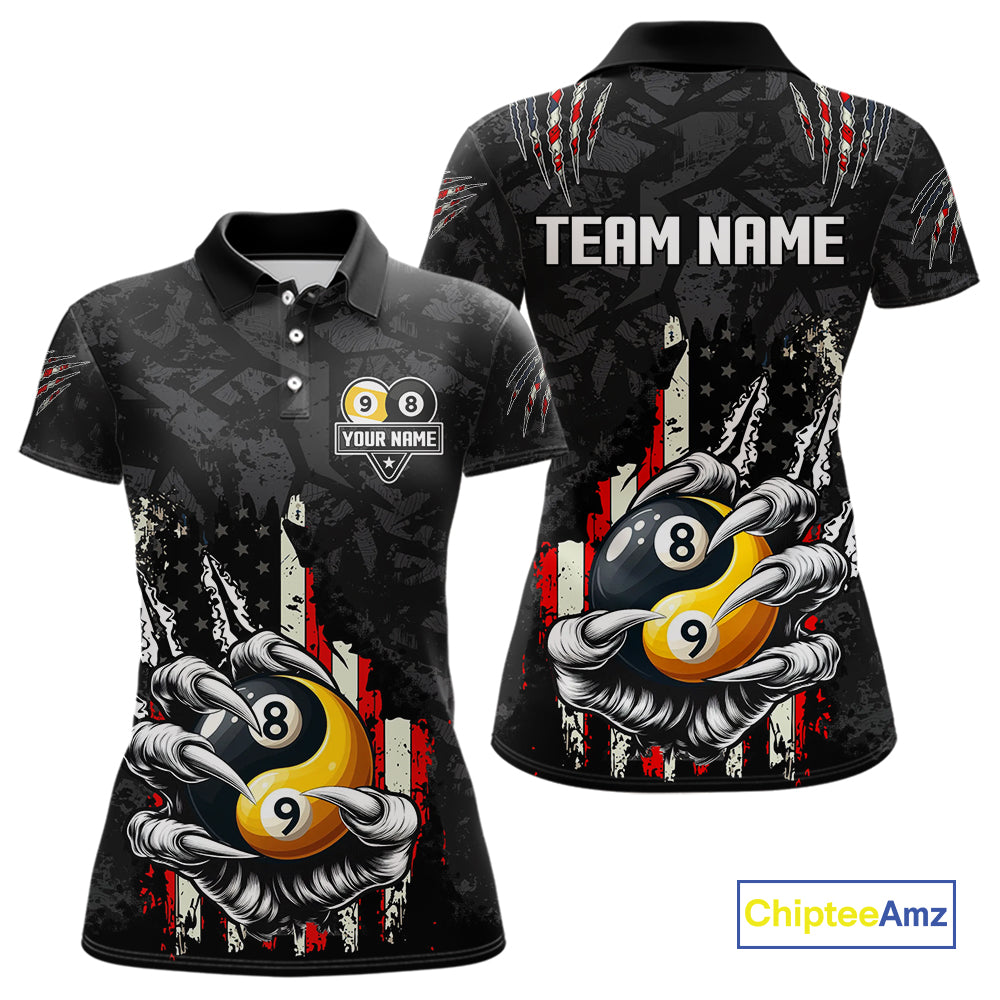 Funny Claw Tearing US Flag Yin-Yang Billiard Shirt For Women Custom 8 & 9 Ball Billiard Team Jerseys TDM4605