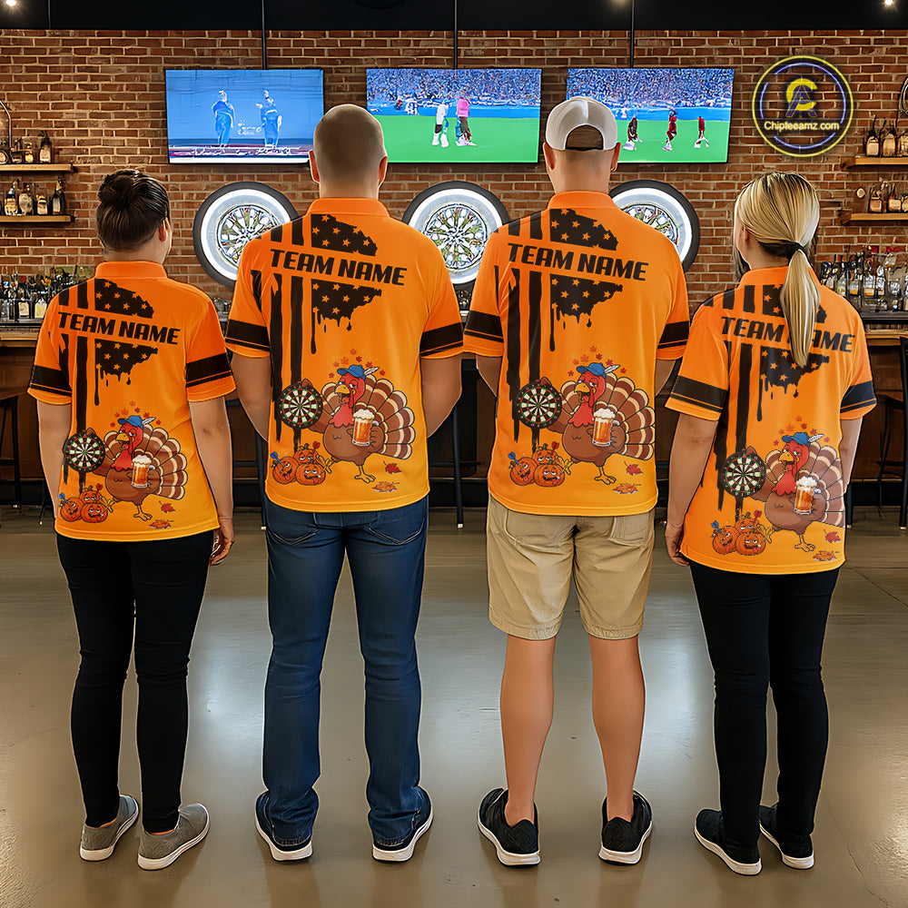 Custom Orange Funny Drunk Turkey US Flag Darts Jerseys For Women, Thanksgiving Darts Team Shirts TDM7279