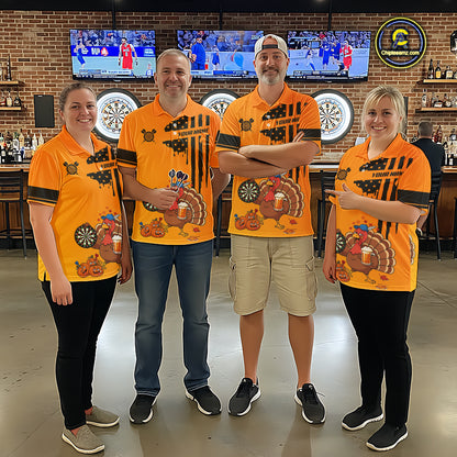 Custom Orange Funny Drunk Turkey US Flag Darts Jerseys For Women, Thanksgiving Darts Team Shirts TDM7279