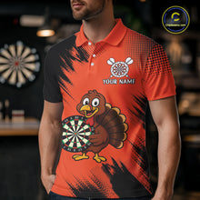 Load image into Gallery viewer, Custom Orange Funny Turkey Darts Shirt For Men, Thanksgiving Darts Team Jersey Polo &amp; 1/4 Zip TDM4803
