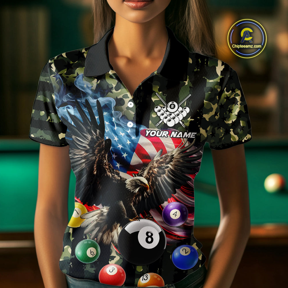 Green Camo American Flag Eagle 8 Ball Billiard Shirt For Women Custom Patriotic Pool Team Jerseys TDM4810