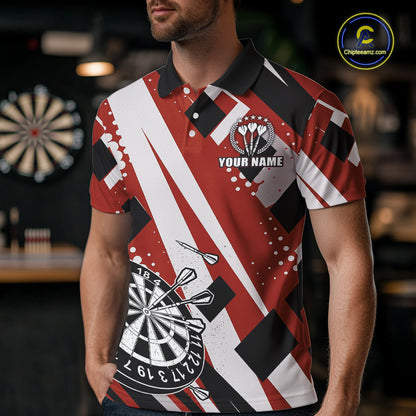 Custom Red Geometric Darts Polo & Quarter Zip For Men, Personalized Darts Team Jersey Outfit TDM5026