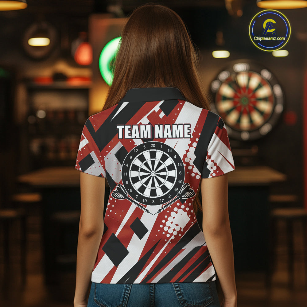 Custom Red Geometric Darts Polo & Quarter Zip For Women, Personalized Darts Team Jersey Outfit TDM5026
