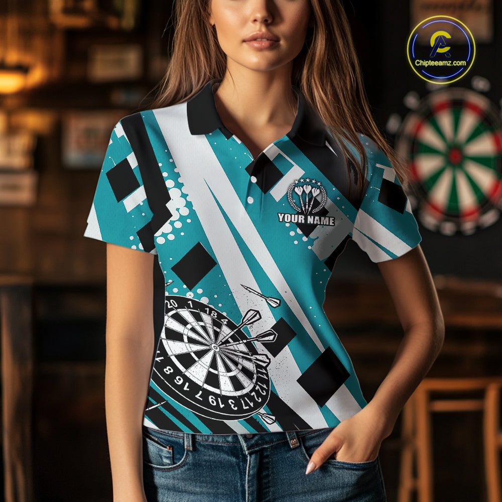 Custom Turquoise Geometric Darts Polo & Quarter Zip For Women, Darts Team Jersey Outfit TDM5027