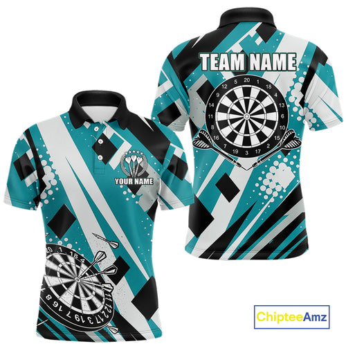 Custom Turquoise Geometric Darts Polo & Quarter Zip For Men, Darts Team Jersey Outfit TDM5027