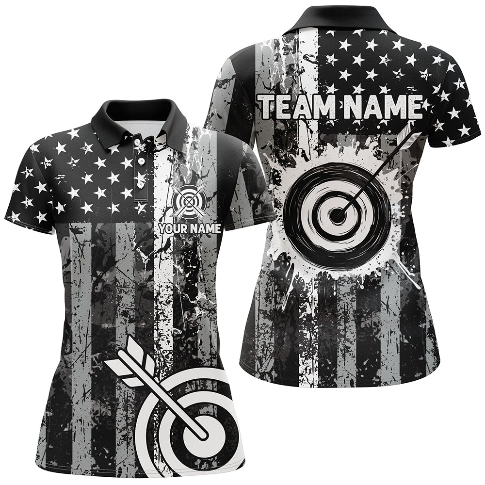 Custom Black Grunge USA Flag Archery Shirts For Women, Patriotic American Archery Team Jerseys TDM3242