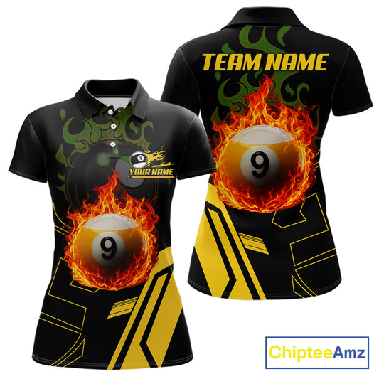 Billiard Flaming 9 Ball Pool 3D Printed Women Polo Shirts, Best Custom Pool Team Jerseys Shirts TDM0945