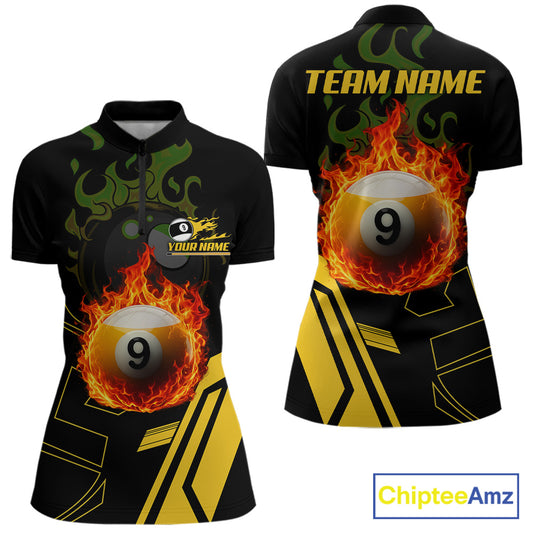 Billiard Flaming 9 Ball Pool 3D Printed Women Quarter-Zip Shirts, Custom Pool Team Jerseys TDM0945