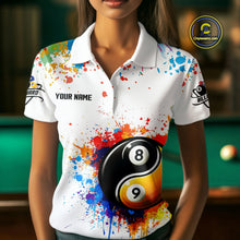 Load image into Gallery viewer, Funny Yin Yang 8 Ball &amp; 9 Ball Colorful Splash Custom Women's Billiard Shirts, Pool Jerseys|White TDM4018