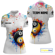 Load image into Gallery viewer, Funny Yin Yang 8 Ball &amp; 9 Ball Colorful Splash Custom Women's Billiard Shirts, Pool Jerseys|White TDM4018