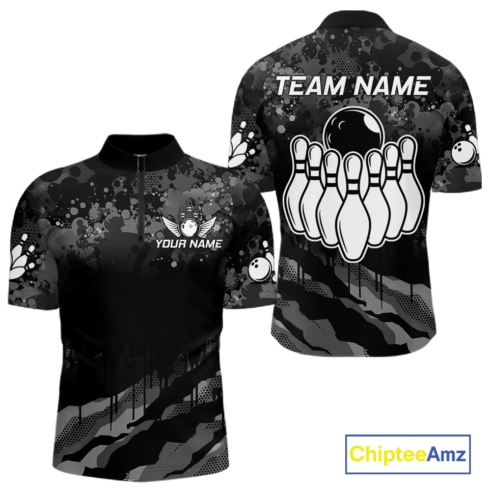 Personalized Grunge Camo Bowling Jersey For Men, Bowling League Team Shirts Polo & 1/4 Zip TDM6542