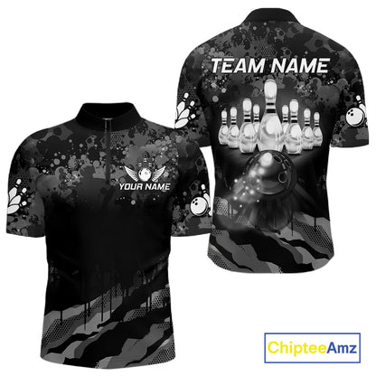 Custom Black And Grey Camo Bowling Shirt For Men, Grunge Bowling Team Jersey Polo & 1/4 Zip TDM6543