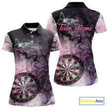 Load image into Gallery viewer, Pink butterfly smoke darts polo shirt with left chest pocket for women featuring custom darts team graphics.