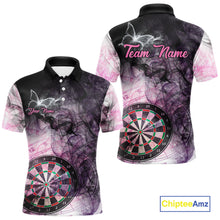 Load image into Gallery viewer, Pink butterfly smoke darts polo shirt for men with custom darts team graphics.