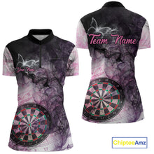 Load image into Gallery viewer, Pink butterfly smoke darts quarter zip shirt with left chest pocket for women featuring custom darts team graphics.