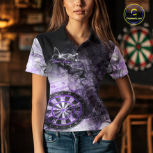 Load image into Gallery viewer, Woman wearing a purple butterfly smoke darts jersey front view.