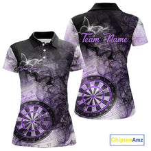 Load image into Gallery viewer, Purple butterfly smoke darts polo shirt for women with custom darts team graphics.