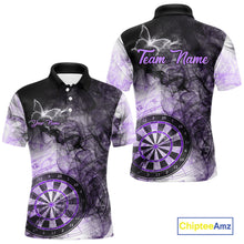 Load image into Gallery viewer, Purple butterfly smoke darts polo shirt for men with custom darts team graphics.