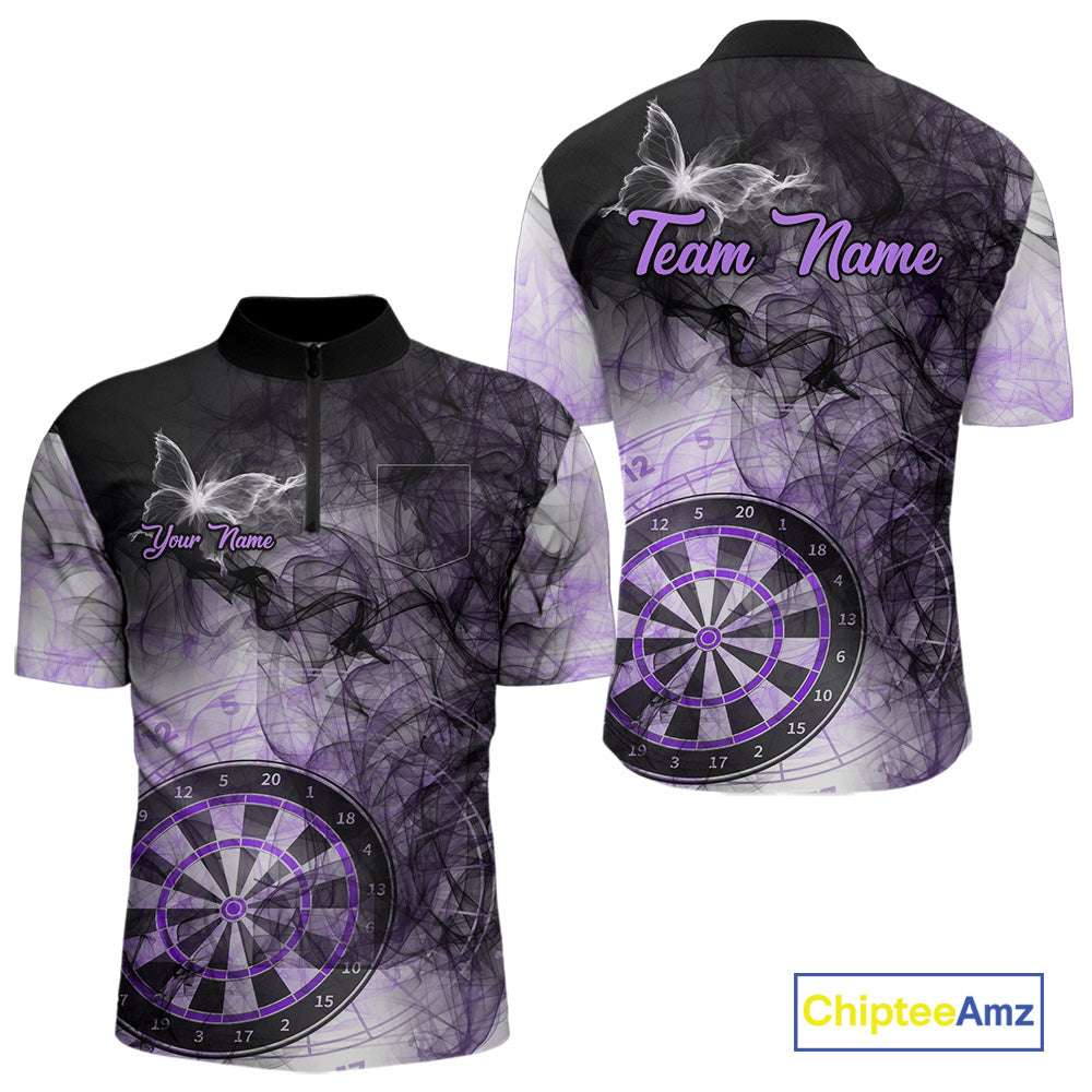 Purple butterfly smoke darts quarter zip shirt with left chest pocket for men featuring custom darts team graphics.