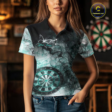 Load image into Gallery viewer, Woman wearing a turquoise butterfly smoke darts jersey front view.