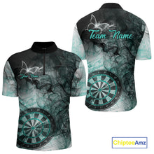 Load image into Gallery viewer, Turquoise butterfly smoke darts quarter zip shirt with left chest pocket for men featuring custom darts team graphics.