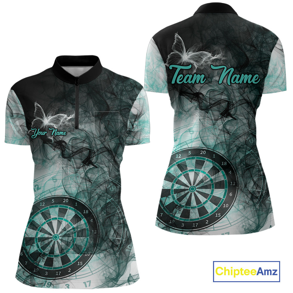 Turquoise butterfly smoke darts quarter zip shirt with left chest pocket for women featuring custom darts team graphics.