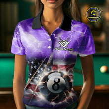 Load image into Gallery viewer, Purple American Flag Thunder Lightning 8 Ball Billiard Shirt For Women Custom Pool Team Jersey TDM4611